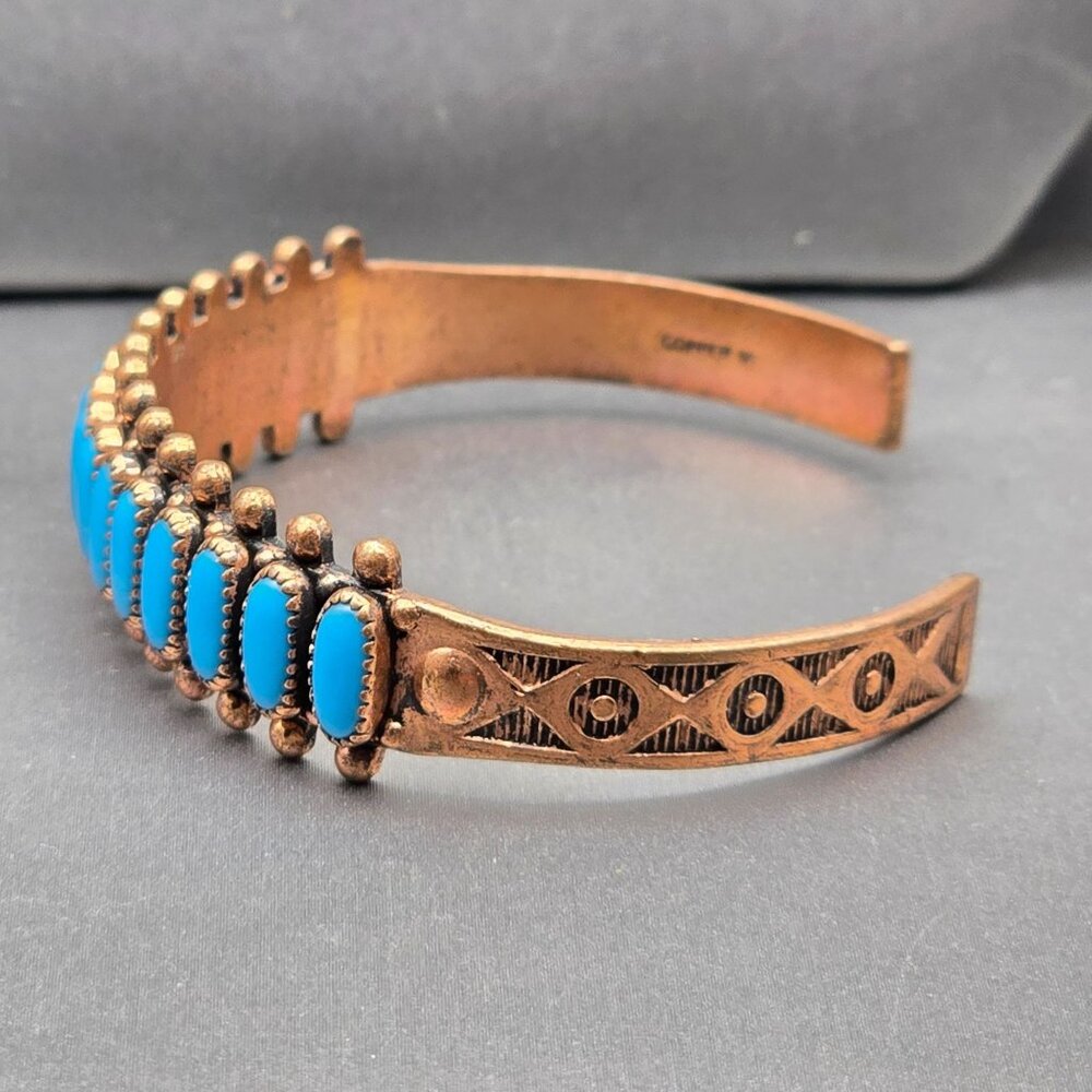 VTG Southwestern Copper Turquoise Cuff Bracelet 6.5" Signed WMCO Saw Tooth Bezel - Picture 2 of 9